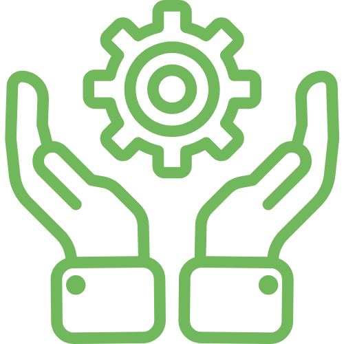 Cartoon outline of hands holding up a cog
